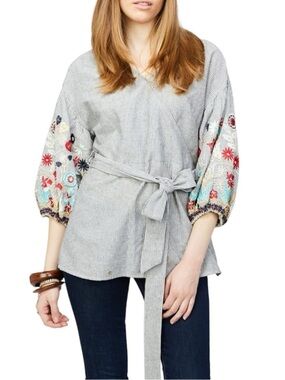 Striped Wrap Tunic with Embroidered Balloon Sleeves - Multi